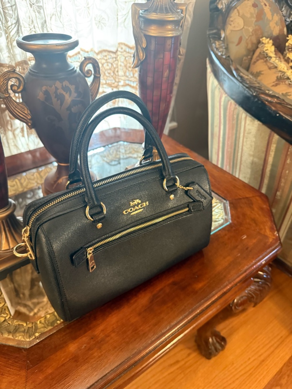 Coach Black Pebbled Leather Dome Satchel with Gold Accents